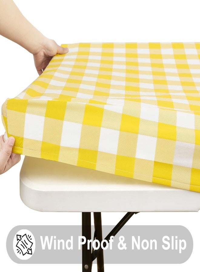 Smiry Rectangle Picnic Table Cloth, Elastic Waterproof Fitted Vinyl Tablecloths, Flannel Backed Buffalo Plaid Table Covers for Dining, Camping, Outdoor (White and Yellow, 30" x 72") - Image 2