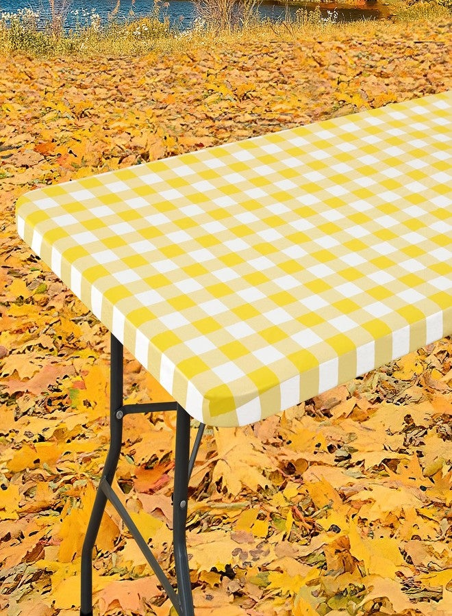 Smiry Rectangle Picnic Table Cloth, Elastic Waterproof Fitted Vinyl Tablecloths, Flannel Backed Buffalo Plaid Table Covers for Dining, Camping, Outdoor (White and Yellow, 30" x 72") - Image 1