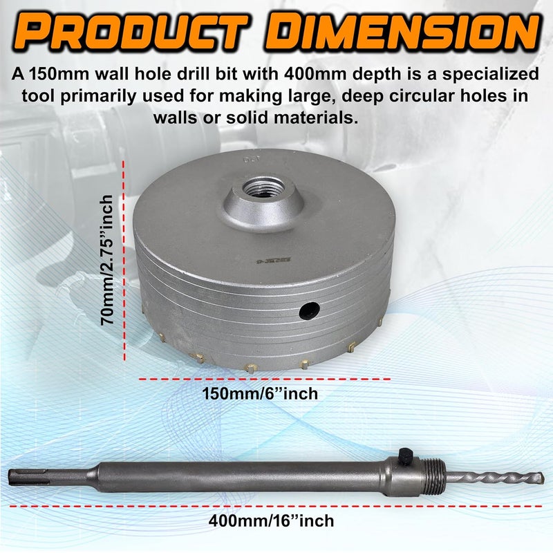 Digital Craft 150mm Concrete Hole Saw Cutter with 400mm Depth – Heavy Duty Wall Core Drill Bit for Cement, Stone & Brick – SDS Impact Drill Round Shank with Connecting Rod - Image 3