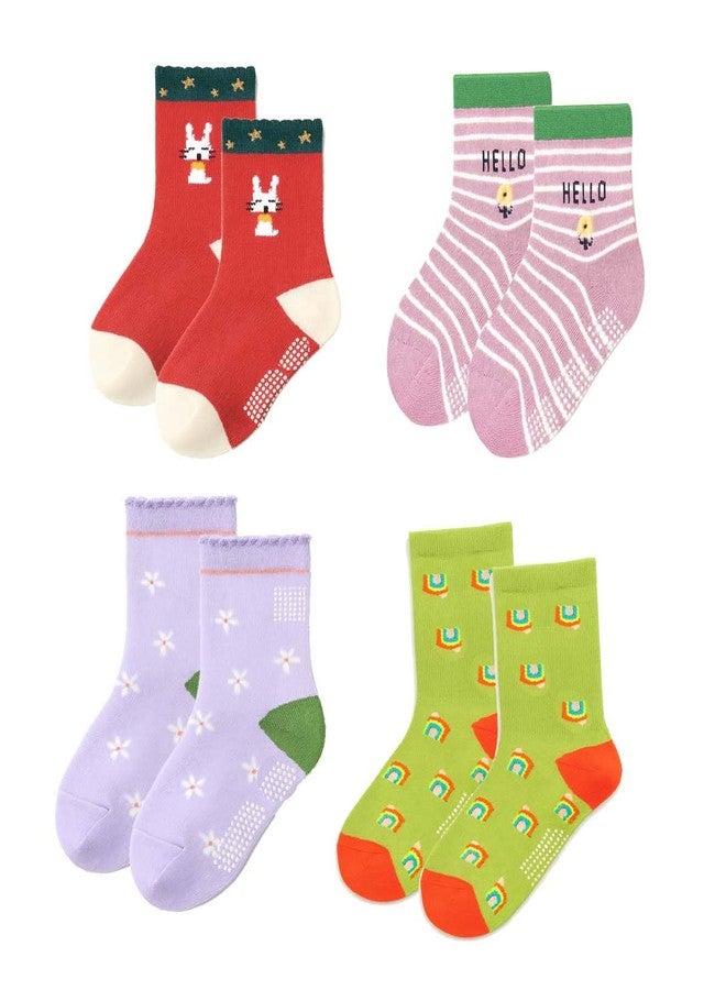 Nat Kids Cotton Crew Socks Pack of 4 - Assorted Colours & Designs - Anti-Skid, Soft & Breathable for Boys & Girls (1-2 Years) - Image 1