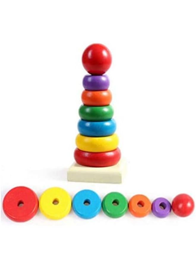 Kid Baby Wooden Stacking Stack Up Rainbow Tower Ring Toy 