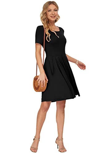 AUSELILY Women's Short Sleeve Summer Dress Pleated Loose Swing Knee Length Dresses with Pockets 2025 New Black M - Image 4