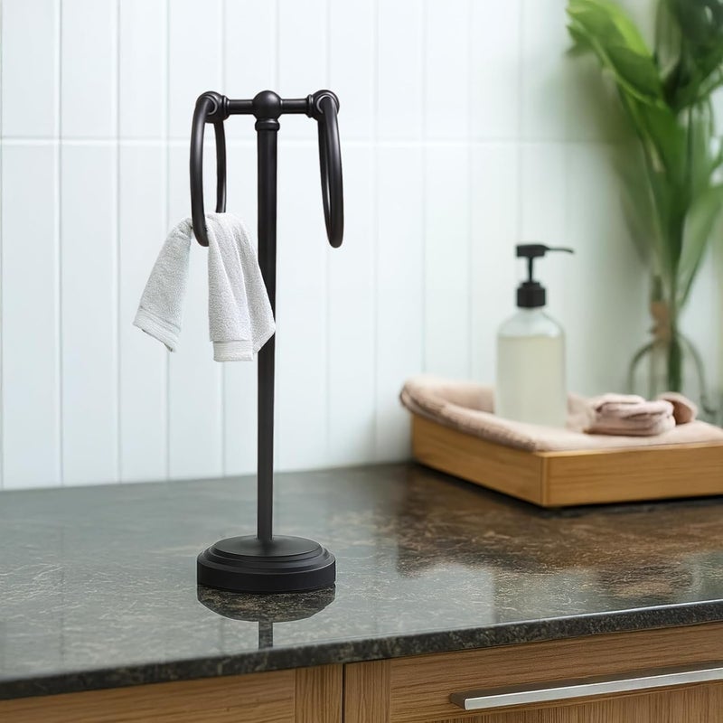 Stainless Steel Hand Towel Rack for Bathroom, Freestanding Black Standing Metal Holder with Dual Hooks, Space Saving, No-Drill Install, Home & Hotel Use - Image 2