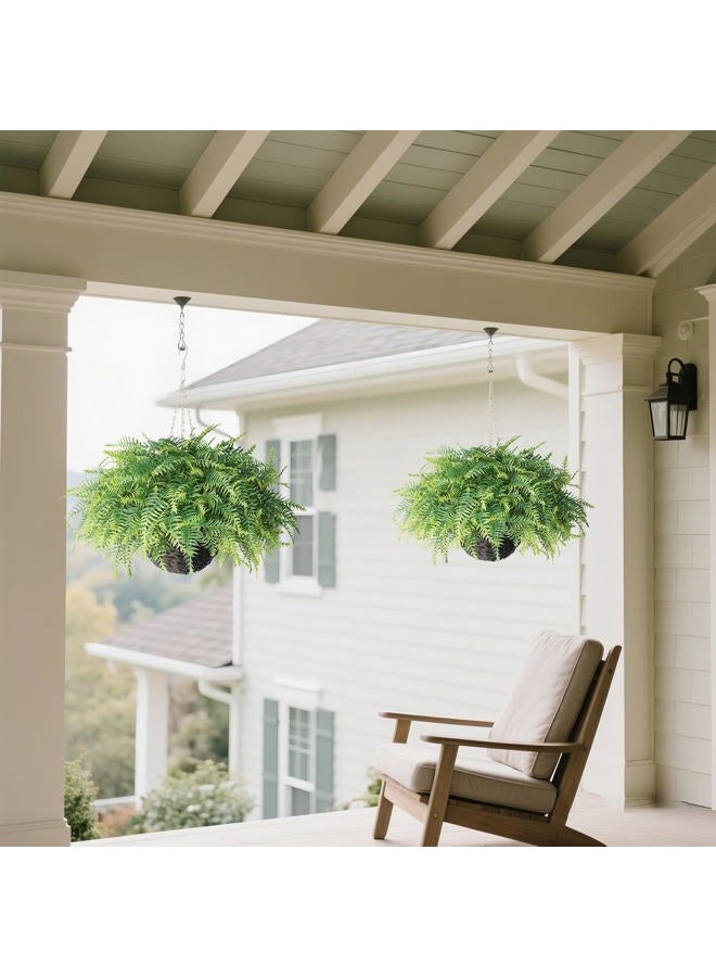 Juxdp Artificial Ferns Plants with Hanging Basket-2 Set for Outdoor Decoration,Fake Boston Fern Hanging Planters Faux Greenery UV Resistant for Front Porch Patio Garden Farmhouse Home Decor (Green) - Image 2