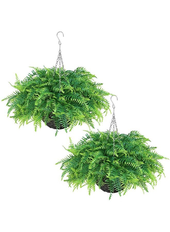 Juxdp Artificial Ferns Plants with Hanging Basket-2 Set for Outdoor Decoration,Fake Boston Fern Hanging Planters Faux Greenery UV Resistant for Front Porch Patio Garden Farmhouse Home Decor (Green) - Image 1