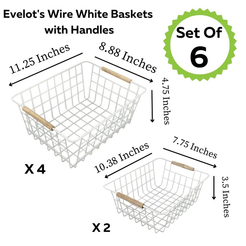 Evelots Wire Storage Baskets With Wood Handles-Pack Of 6-Kitchen Cabinet Pantry Shelf Organization Or Bathroom Metal Basket-Refrigerator/Freezer Organizer Bins-White - Image 2