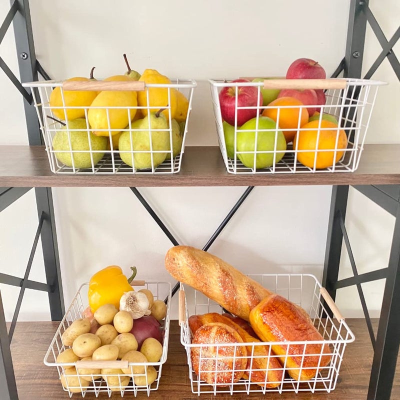 Evelots Wire Storage Baskets With Wood Handles-Pack Of 6-Kitchen Cabinet Pantry Shelf Organization Or Bathroom Metal Basket-Refrigerator/Freezer Organizer Bins-White - Image 4