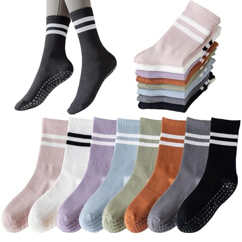 Tergy 8 Pairs Long Yoga Socks with Grip for Women Anti Skid Gripper Socks No Slip Socks for Pilates, Barre, Dance,Yoga (Stripe) - Image 1