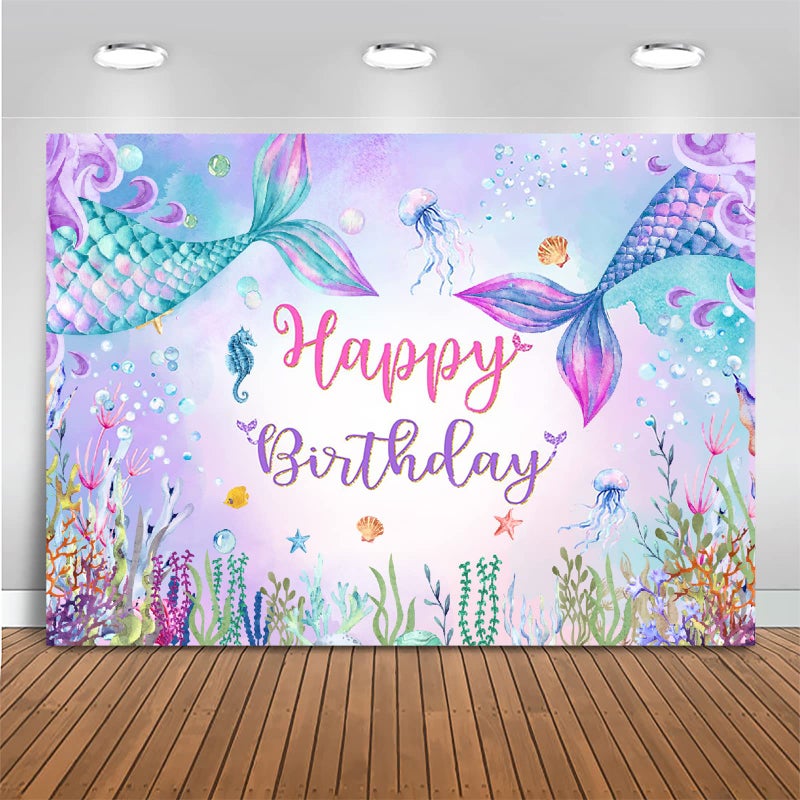 Mocsicka 7x5ft Mermaid Birthday Backdrop Under The Sea Birthday Party Decoration for Girl Blue Purple Mermaid Tails Photography Background (7x5ft(82x60 inch)) - Image 1