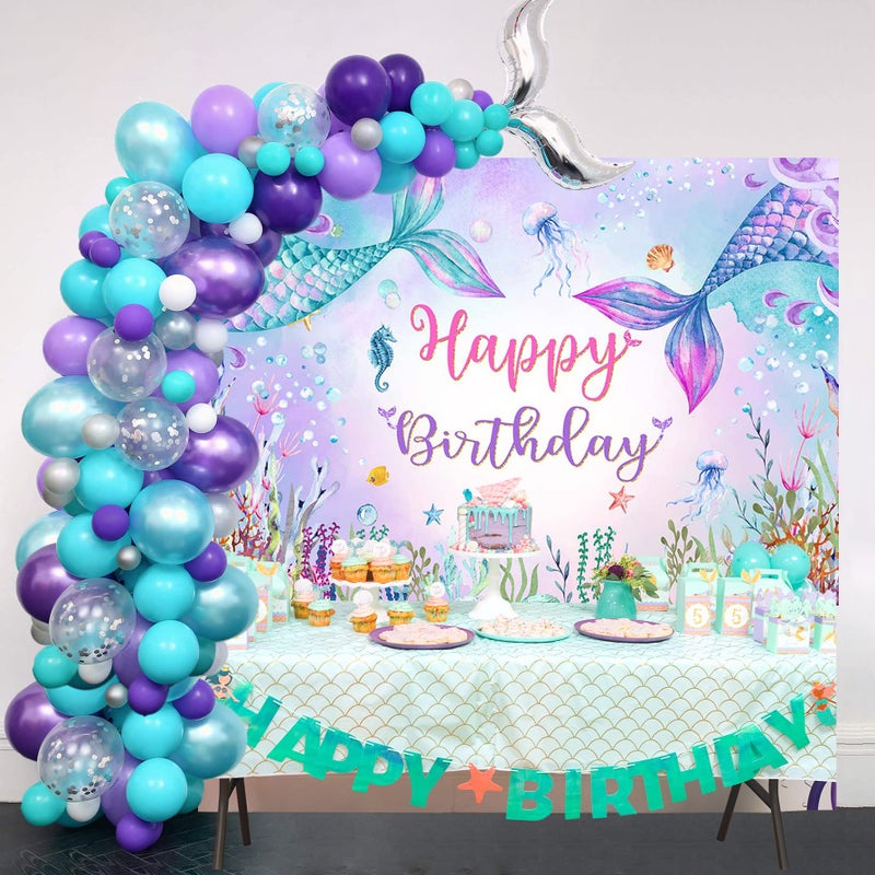 Mocsicka 7x5ft Mermaid Birthday Backdrop Under The Sea Birthday Party Decoration for Girl Blue Purple Mermaid Tails Photography Background (7x5ft(82x60 inch)) - Image 4