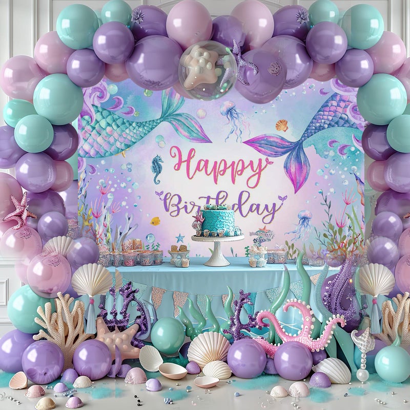 Mocsicka 7x5ft Mermaid Birthday Backdrop Under The Sea Birthday Party Decoration for Girl Blue Purple Mermaid Tails Photography Background (7x5ft(82x60 inch)) - Image 3