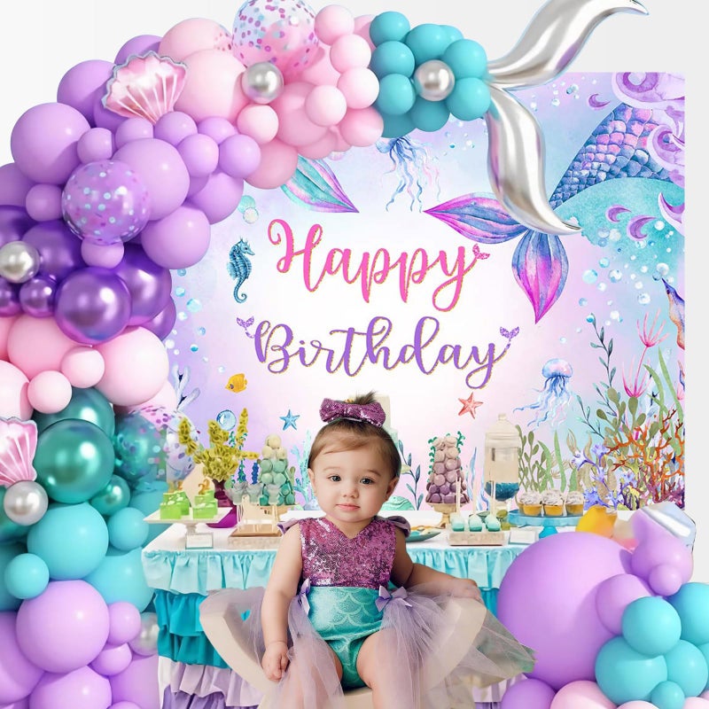 Mocsicka 7x5ft Mermaid Birthday Backdrop Under The Sea Birthday Party Decoration for Girl Blue Purple Mermaid Tails Photography Background (7x5ft(82x60 inch)) - Image 2