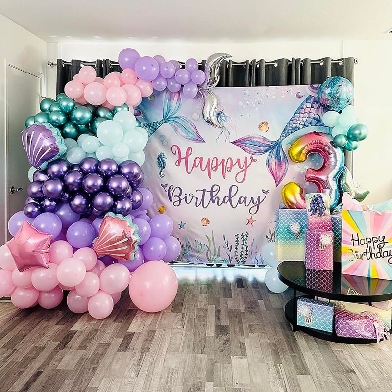 Mocsicka 7x5ft Mermaid Birthday Backdrop Under The Sea Birthday Party Decoration for Girl Blue Purple Mermaid Tails Photography Background (7x5ft(82x60 inch)) - Image 5