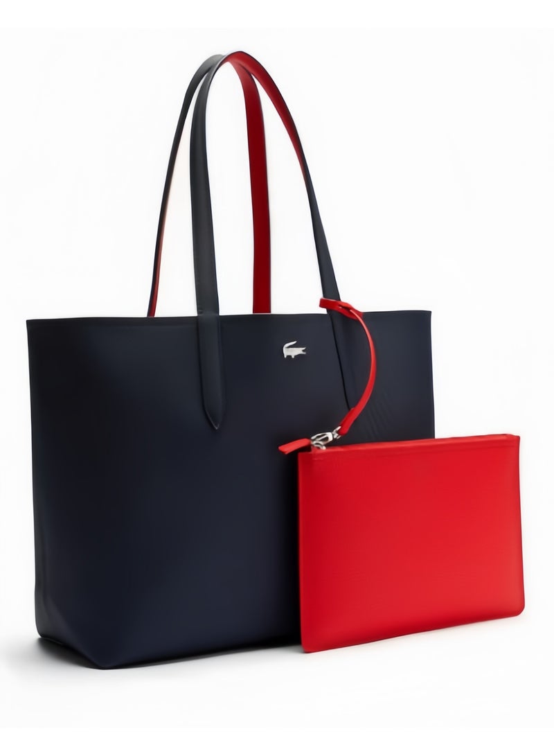 لاكوست حقيبة يد نسائية لاكوست بطبقتين ذات سعة كبيرة، متعددة الوظائف وعصرية، باللونين الأزرق الداكن والأحمر - Image 4