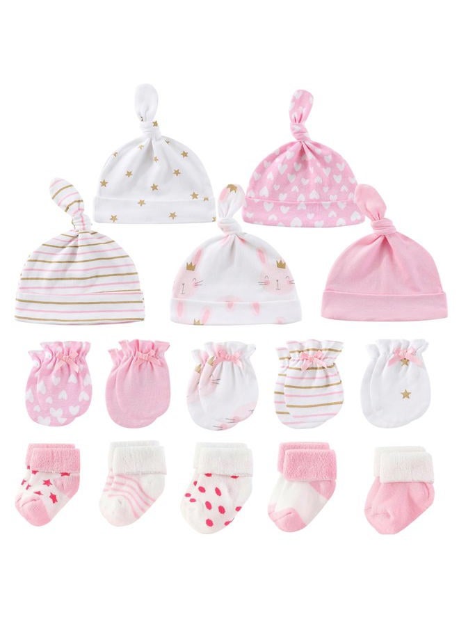 MAMIMAKA Baby Girls Caps Mittens and Thick Warm Socks Cotton Newborn Essentials Accessories (Hats+Gloves+Terry Socks),0-6 Months - Image 1