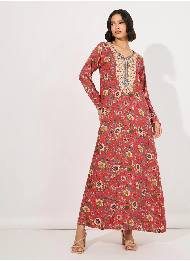 Maxim Creation Floral Print Rayon Mukhawar Jalabiya with Handwork by Styli