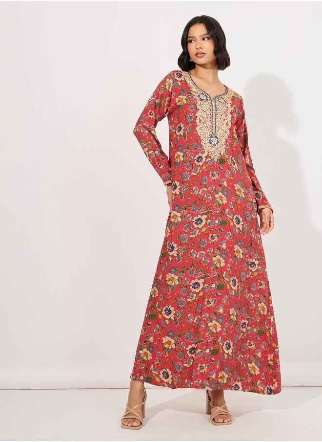 Maxim Creation Floral Print Rayon Mukhawar Jalabiya with Handwork by Styli  - Image 1