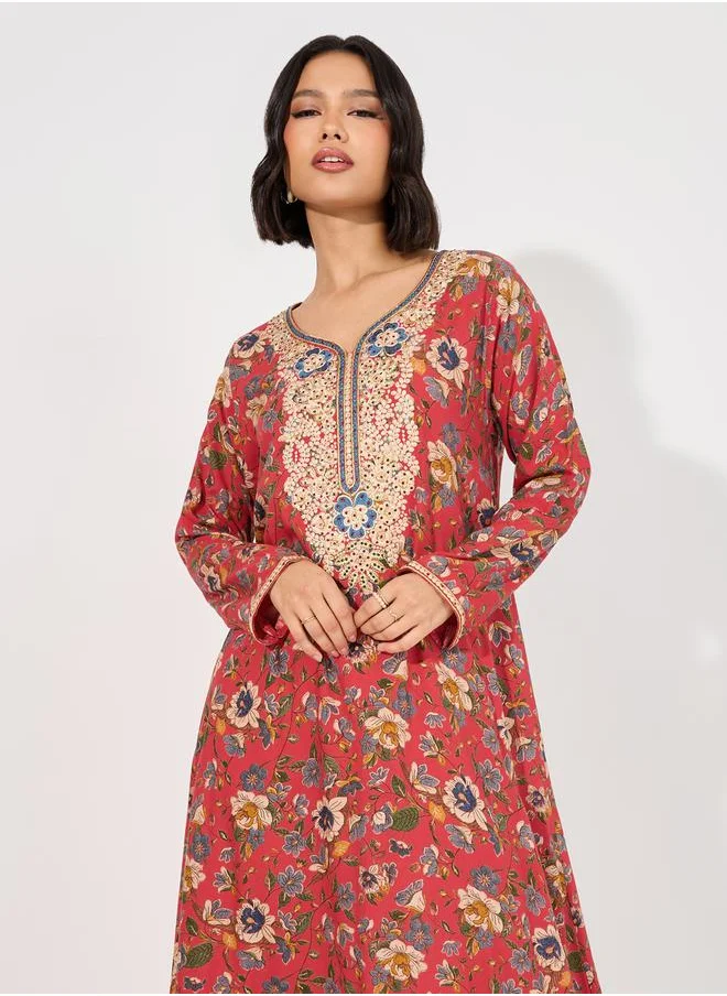 Maxim Creation Floral Print Rayon Mukhawar Jalabiya with Handwork by Styli