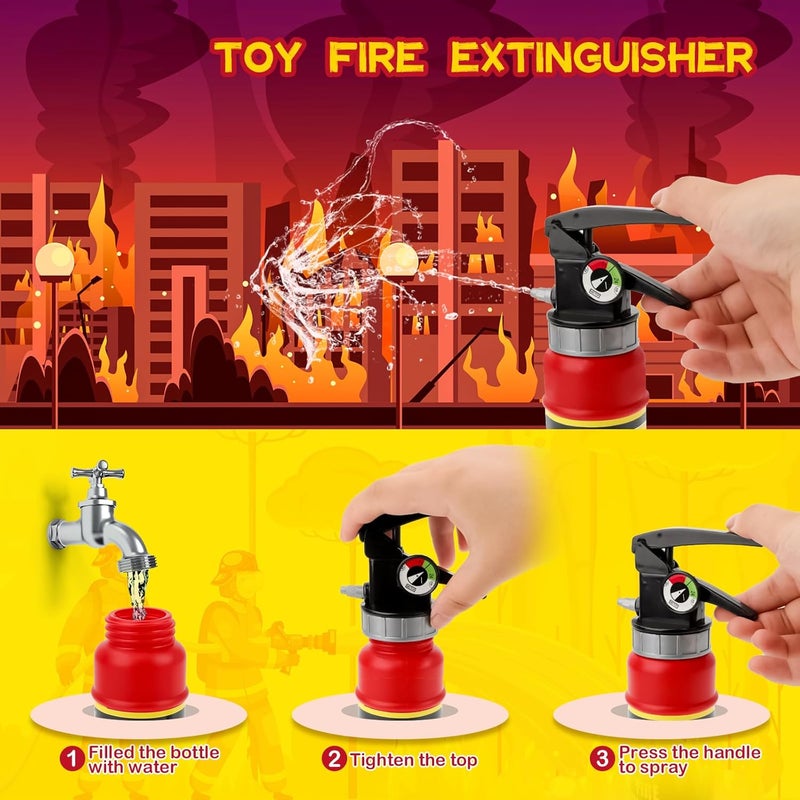 deAO Fireman Costume for Kids 13 Pcs Fire Fighter with Toys Accessories Set with Washable Storage and Extinguisher Kids Fireman Dress Up Clothes Pretend Play Toy Birthday Gifts for Boys Girls - Image 2