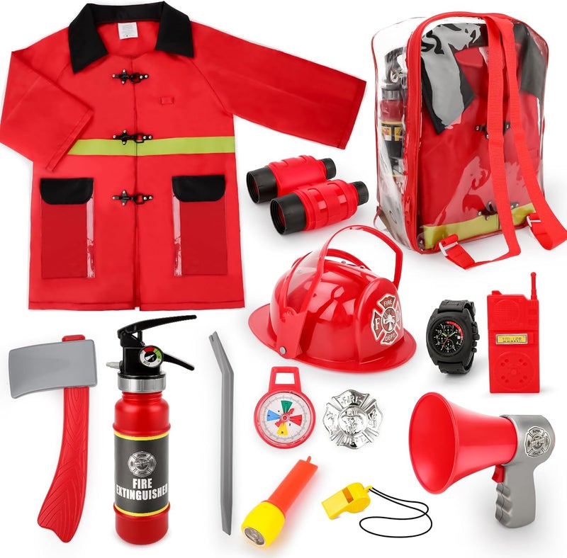 deAO Fireman Costume for Kids 13 Pcs Fire Fighter with Toys Accessories Set with Washable Storage and Extinguisher Kids Fireman Dress Up Clothes Pretend Play Toy Birthday Gifts for Boys Girls - Image 1