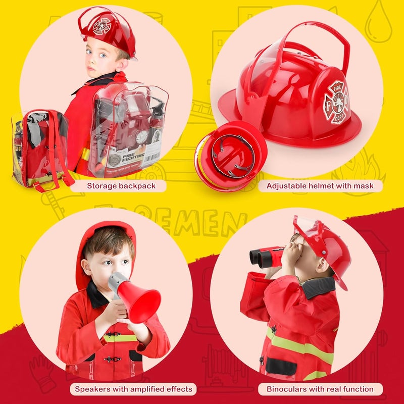 deAO Fireman Costume for Kids 13 Pcs Fire Fighter with Toys Accessories Set with Washable Storage and Extinguisher Kids Fireman Dress Up Clothes Pretend Play Toy Birthday Gifts for Boys Girls - Image 4