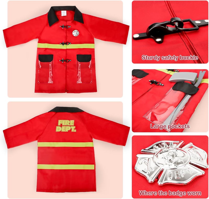 deAO Fireman Costume for Kids 13 Pcs Fire Fighter with Toys Accessories Set with Washable Storage and Extinguisher Kids Fireman Dress Up Clothes Pretend Play Toy Birthday Gifts for Boys Girls - Image 3