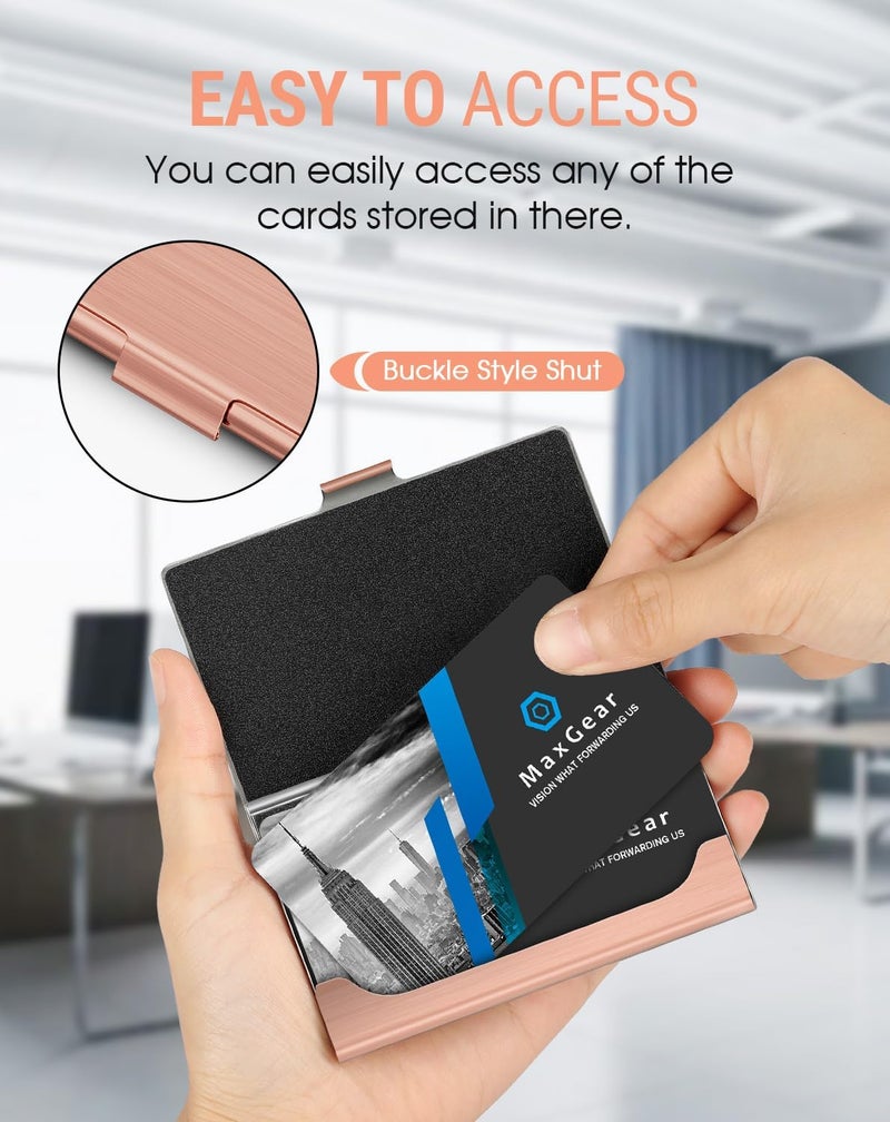 MaxGear Metal Business Card Holder for Men & Women, Professional Stainless Steel Card Case for Business Cards, Slim Purse Name Cards Holders Wallet with Interior Lining, Buckle Style Shut, Rose Gold - Image 2