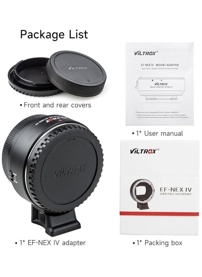 فيلتروكس VILTROX EF-NEX IV محول تركيب العدسة CDAF/PDAF مع التحكم في الفتحة EXIF ​​محول التركيز التلقائي لنقل عدسة Canon EF/EF-S إلى Sony A9 A7RIII A7RII A7III A7II A6300 A6500 E-Mount Cameras  - Image 2