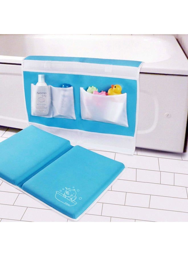 GameXcel Bath Kneeler with Elbow Rest Bathtub 1.5" Thick Kneeler Mat with Toy Organizer - Bath Kneeling Pad for Baby Bath Time - Detachable and Foldable Child Bath Tub Pad for Parents- Blue - Image 1