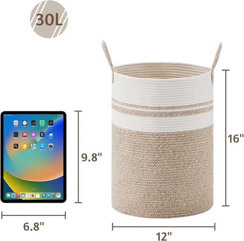 VIPOSCO Tall Laundry Hamper, Woven Rope Storage Basket for Blanket, Toys, Dirty Clothes in Living Room, Bathroom, Bedroom - 30L Brown & White - Image 5
