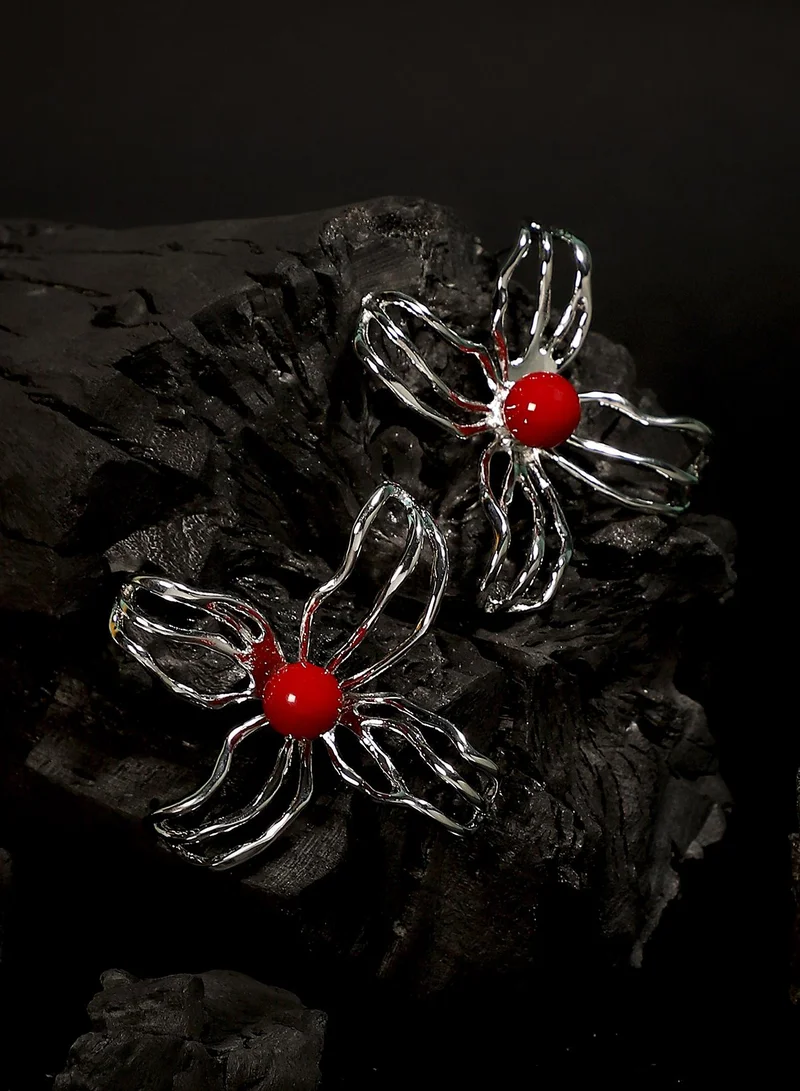 سوهي أقراط نسائية بتصميم عنكبوت وزهور فضي معدني بحجر صناعي