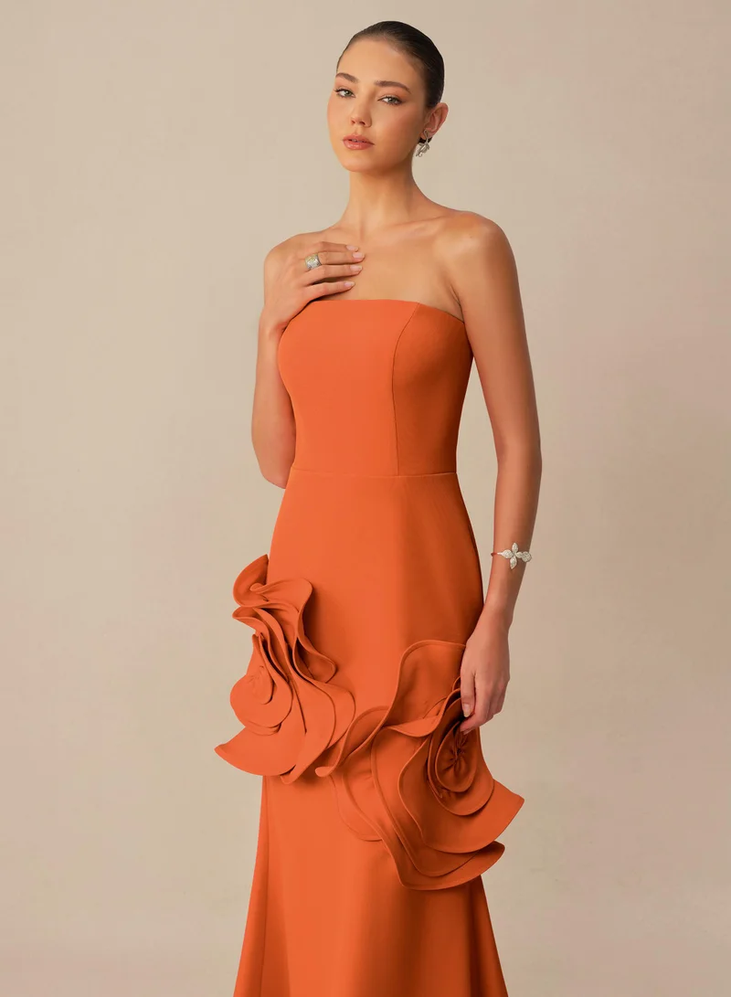 Sunfere  Moment in Bloom Orange Floral Applique Strapless Maxi Dress for Women | Best Price UAE