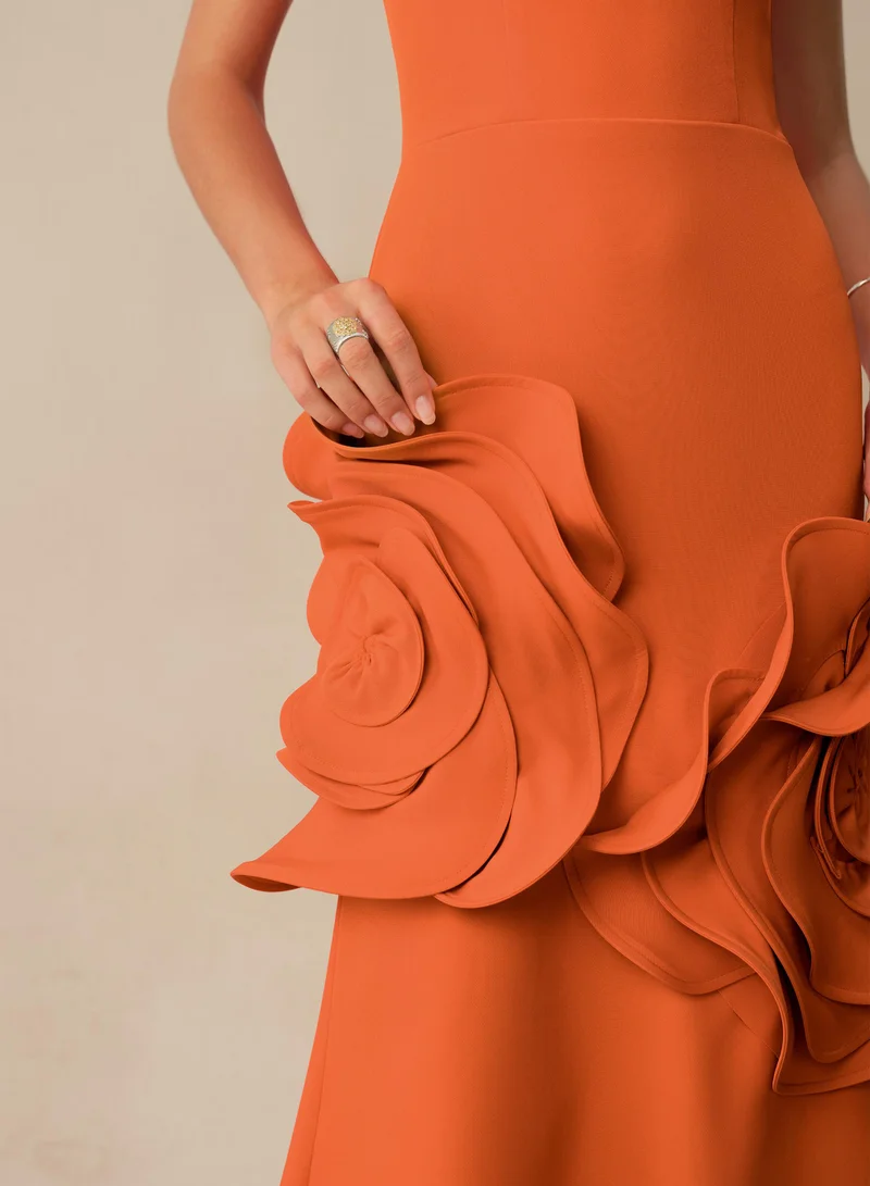 Sunfere  Moment in Bloom Orange Floral Applique Strapless Maxi Dress for Women | Best Price UAE
