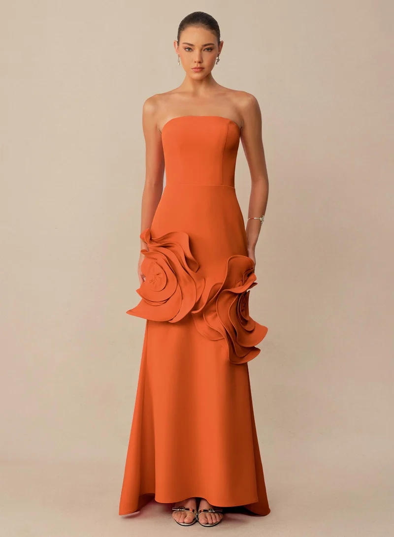 Moment in Bloom Orange Floral Applique Strapless Maxi Dress