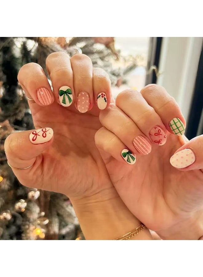 جوسكوين 24 قطعة من الأظافر الصناعية القابلة للضغط، إصدار محدود لعيد الميلاد، أظافر قصيرة مربعة قابلة للارتداء، تصميم على شكل فيونكة، توت هولي وبولكا دوت، أظافر أكريليك مع مجموعة لاصقة. - Image 1