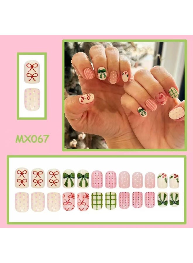 جوسكوين 24 قطعة من الأظافر الصناعية القابلة للضغط، إصدار محدود لعيد الميلاد، أظافر قصيرة مربعة قابلة للارتداء، تصميم على شكل فيونكة، توت هولي وبولكا دوت، أظافر أكريليك مع مجموعة لاصقة. - Image 2