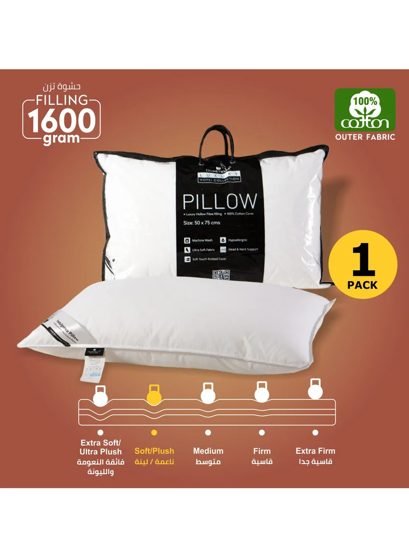 Donetella Single Hotel Cotton Pillow Shell Double Edge Stitched Premium Gel Fiber 1600 gms Filling 50x75 Soft Loft,White