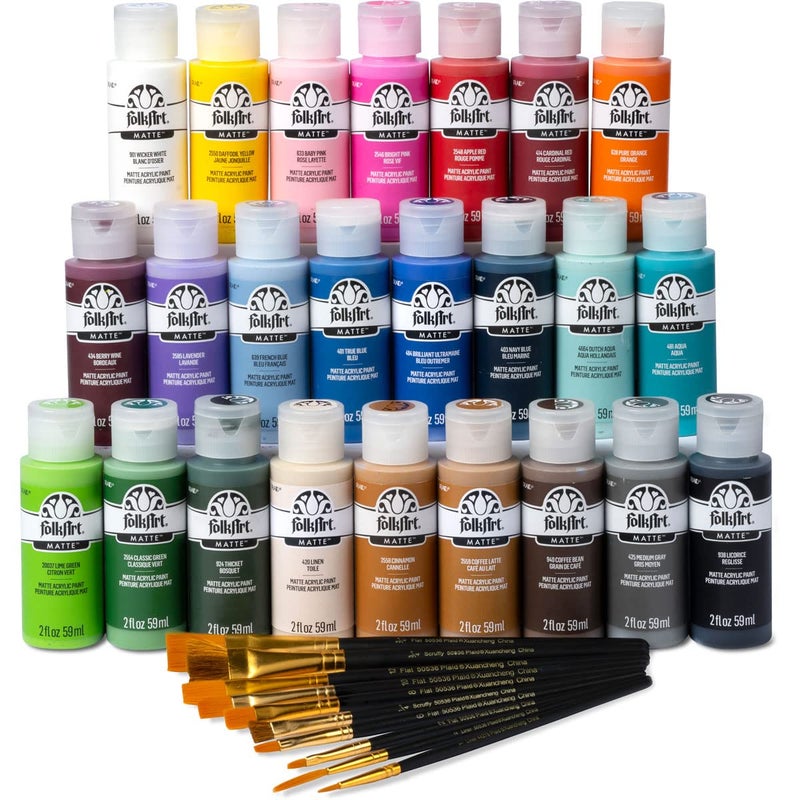 FolkArt 99445 24 Bottle Acrylic Craft Paint Set with 10 Pack of Brushes, 2oz, Colors May Vary - Image 5