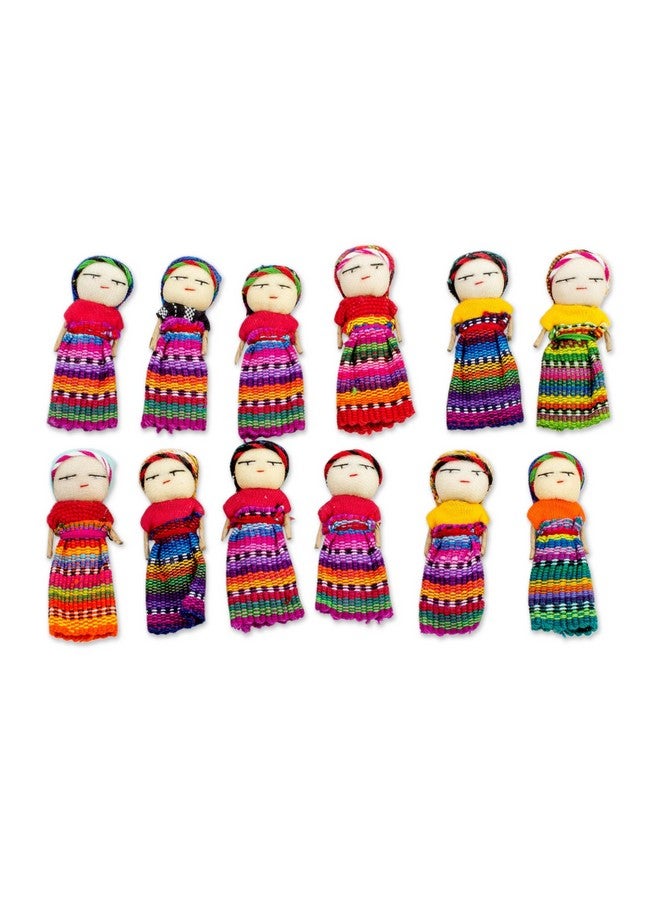 NOVICA دمى قلق مصنوعة يدويًا من القطن اثنا عشر مع صندوق من خشب الصنوبر من غواتيمالا ملونة زينة إكسسوارات زخرفية ودمى معاد تدويرها 'جمال البلاد' (مجموعة من 12) - Image 4