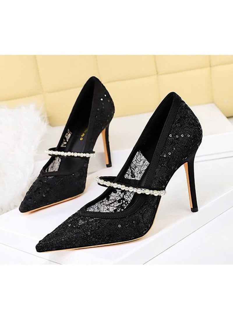 بيج تري مضخات شبكة النساء مغلقة إصبع القدم الكعب العالي مع حزام الراينست الأسود 9.5 سم - Image 1