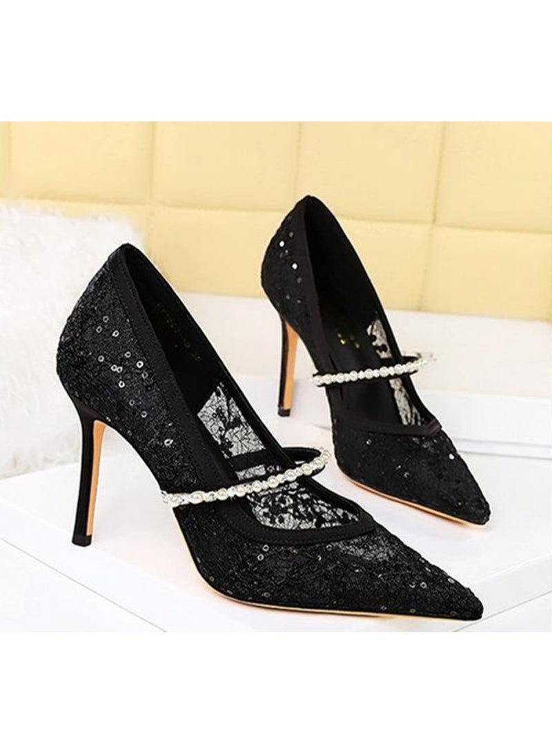 بيج تري مضخات شبكة النساء مغلقة إصبع القدم الكعب العالي مع حزام الراينست الأسود 9.5 سم - Image 2