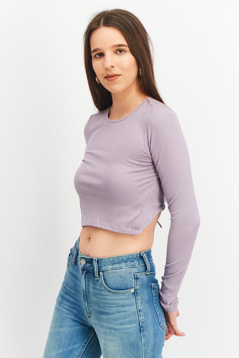 MONKI Women Crew Neck Long Sleeve Ribbed Open Back Top, Lavender - Image 3