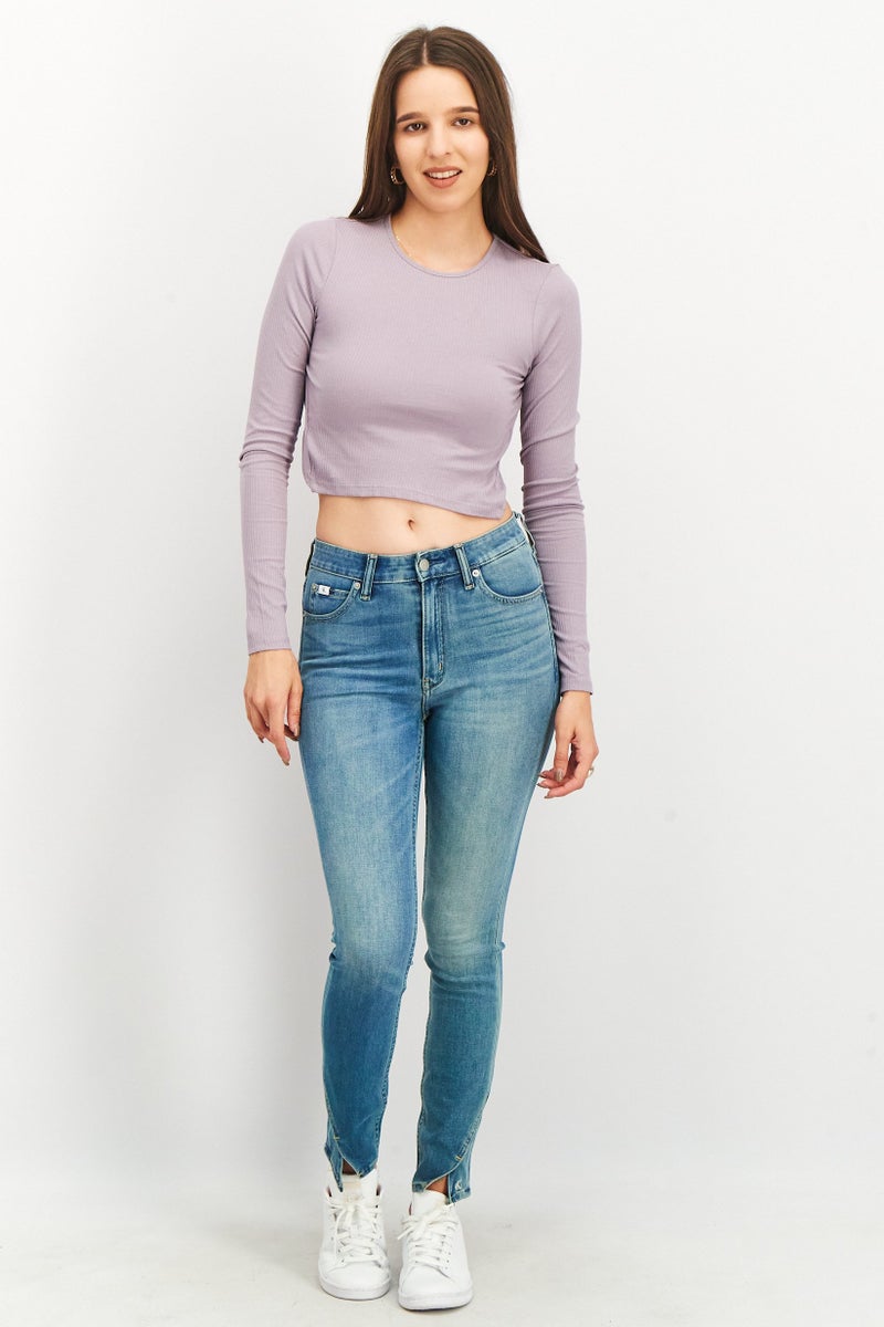 MONKI Women Crew Neck Long Sleeve Ribbed Open Back Top, Lavender - Image 4