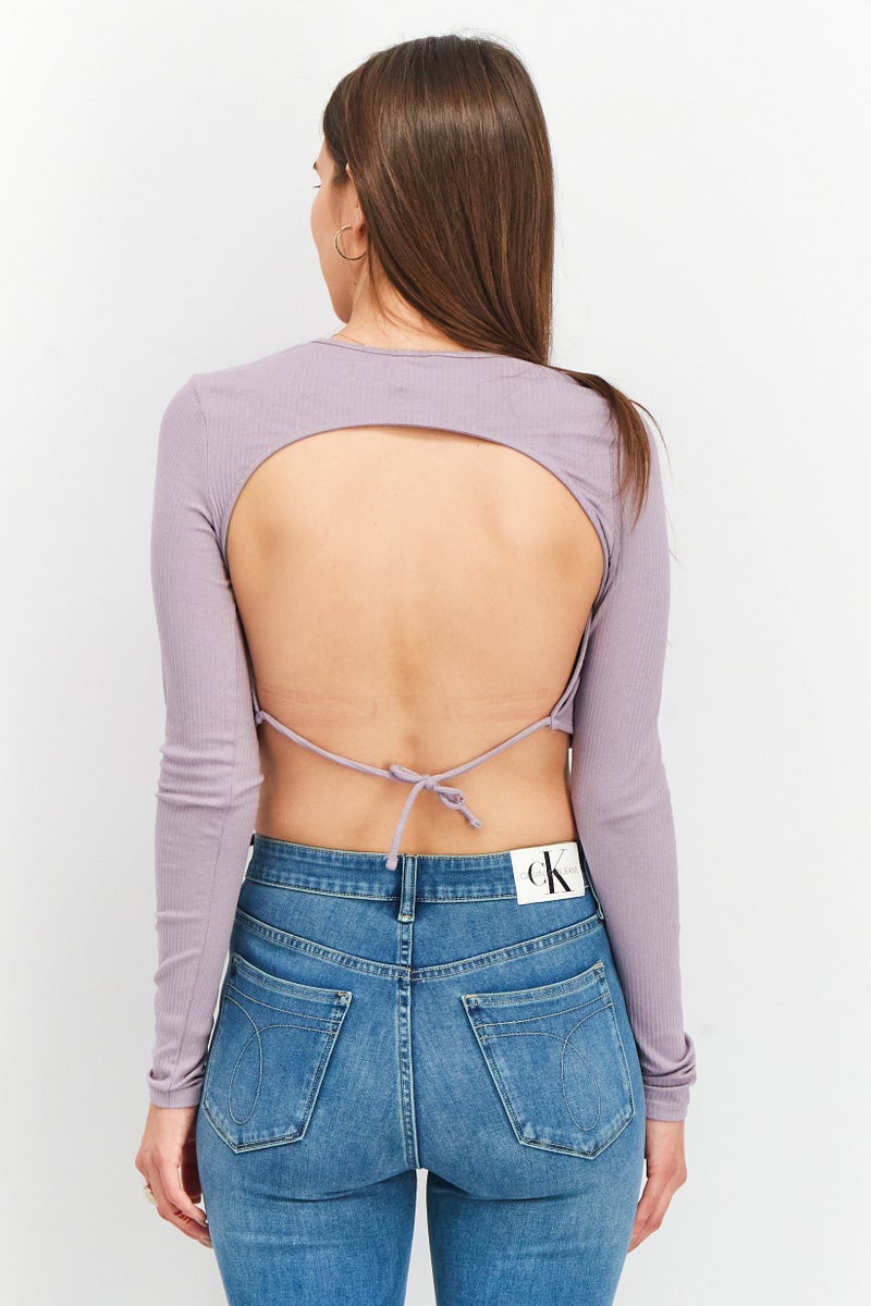 MONKI Women Crew Neck Long Sleeve Ribbed Open Back Top, Lavender - Image 2