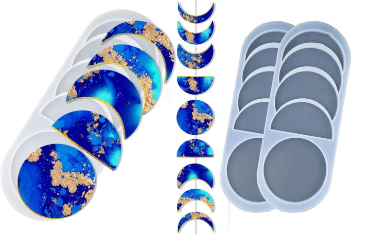 SNOOGG Pack of 2 Moon Phase Silicone Resin 5 Shapes Molds - New Epoxy Moulds/Full Moon Geode Agate for DIY Art Casting - Image 1