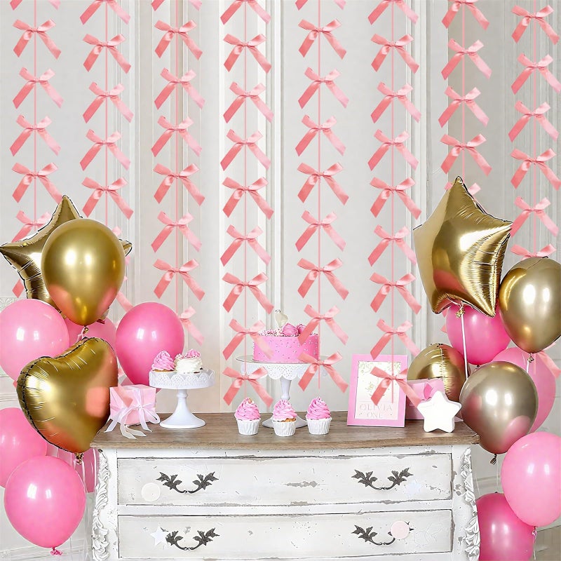Haptda Peach Pink Ribbon Bow Hanging Garland for Baby Shower Pink Bow Party Decorations Girls Bow Birthday Decoration Tying The Knot Bridal Shower Party Room DÃ©cor 6pcs - Image 5