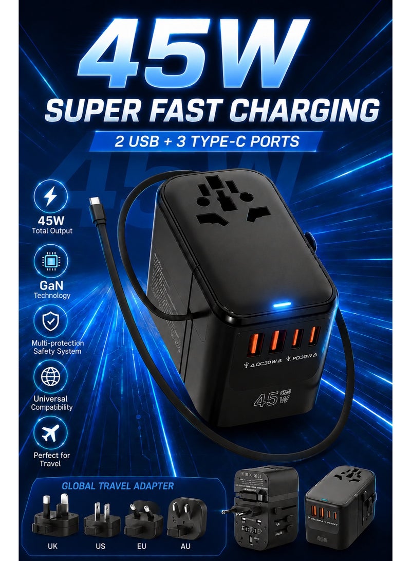 Aurrako Universal Travel Adapter 45W, International Power Plug with 2 USB-C & 2 USB-A Ports, Worldwide Wall Charger for Europe, UK, US, AU, Fast Charging for iPhone 15/Pro, Samsung (Black) - Image 1