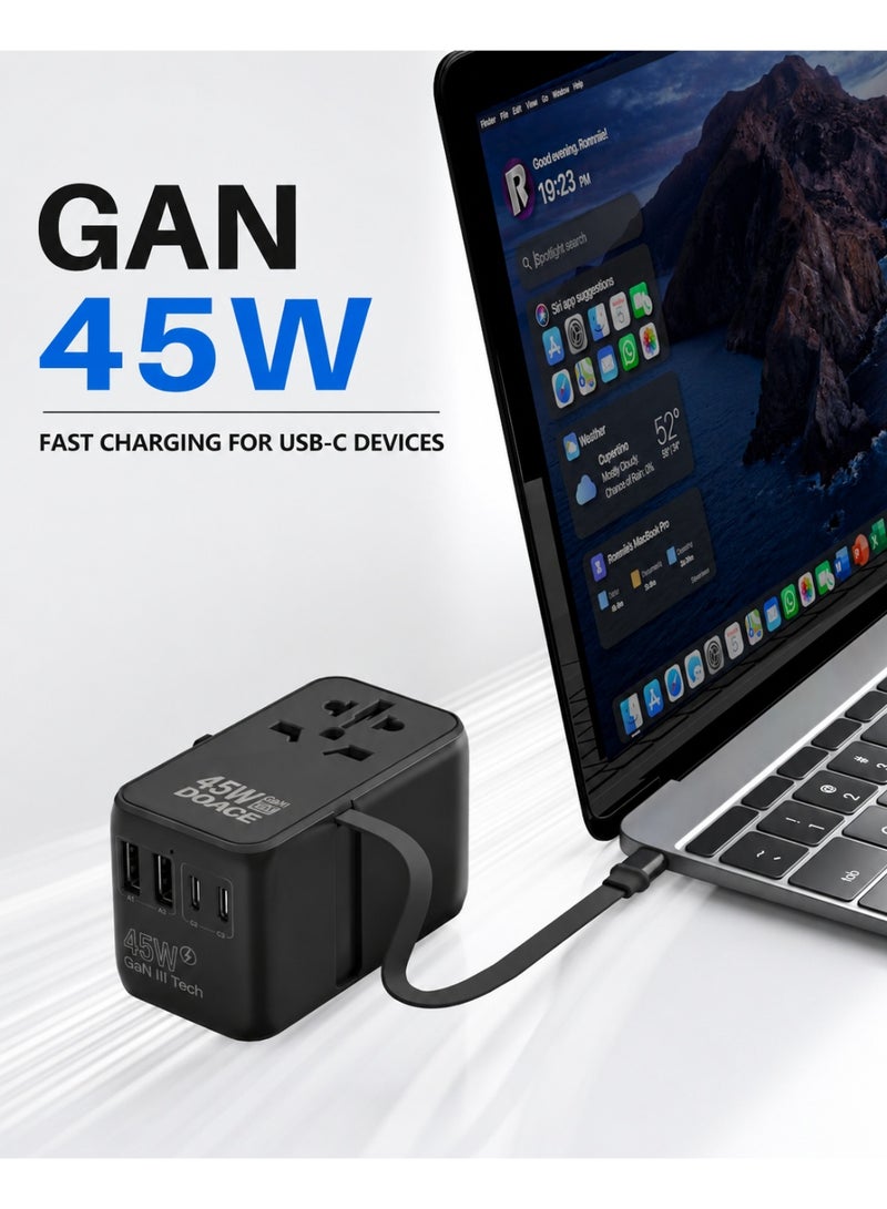 Aurrako Universal Travel Adapter 45W, International Power Plug with 2 USB-C & 2 USB-A Ports, Worldwide Wall Charger for Europe, UK, US, AU, Fast Charging for iPhone 15/Pro, Samsung (Black) - Image 2