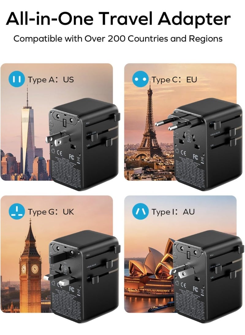Aurrako Universal Travel Adapter 45W, International Power Plug with 2 USB-C & 2 USB-A Ports, Worldwide Wall Charger for Europe, UK, US, AU, Fast Charging for iPhone 15/Pro, Samsung (Black) - Image 5