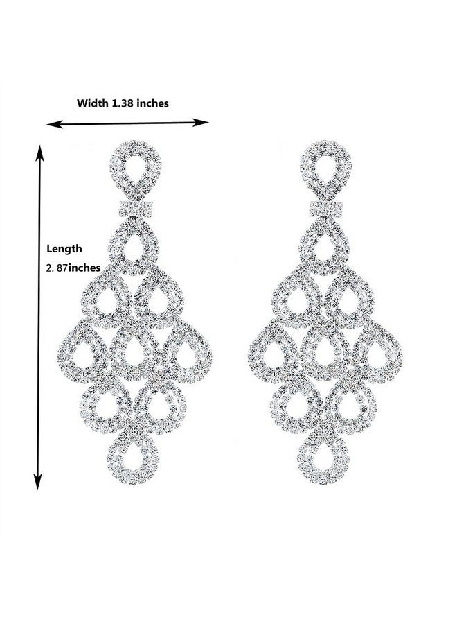 CHRAN Silver Crystal Teardrop Dangle Earrings Rhinestone Chandelier Bridal Jewelry Long Size 2.87" - Image 2